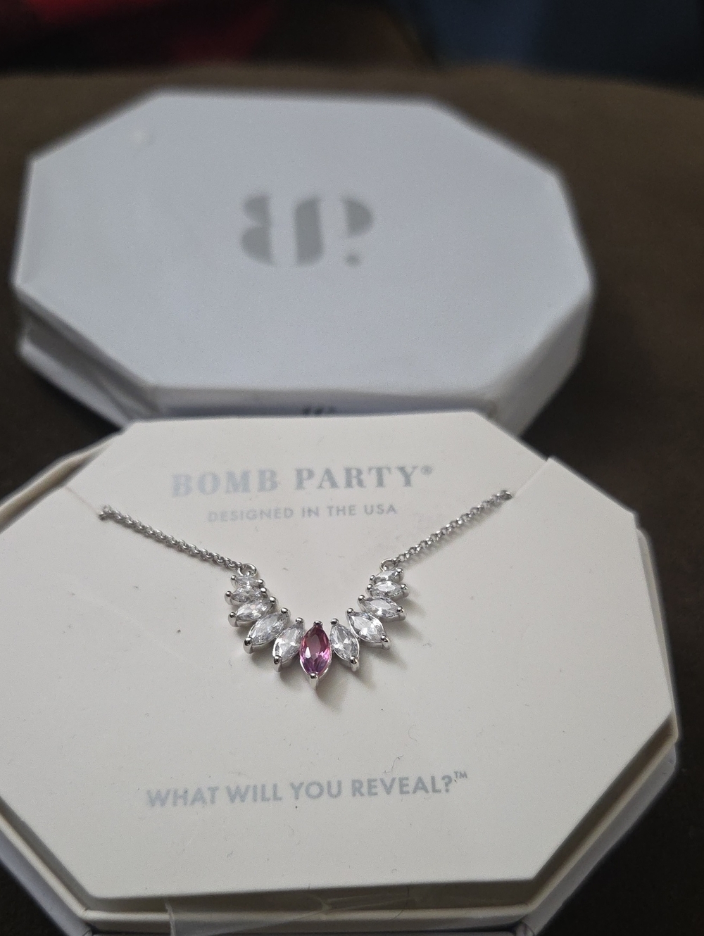 Bomb Party Silver Necklace with Pink Marquise Stone